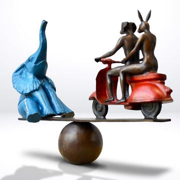 Elephant on a Seesaw with a Vespa (Bronze Sculpture)