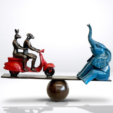 Elephant on a Seesaw with a Vespa (Bronze Sculpture)