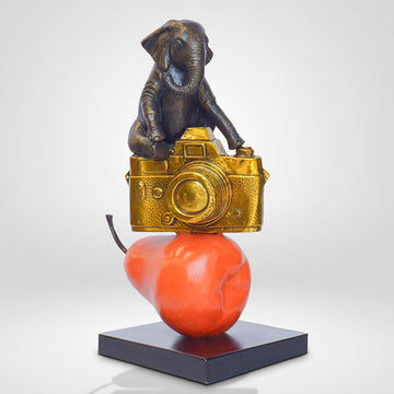 The Elephant Loved His Camera and Pear (Bronze Sculpture)