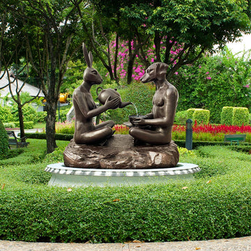 Tea Time with Rabbitwoman and Dogman (Bronze Sculpture, Mid-Size)