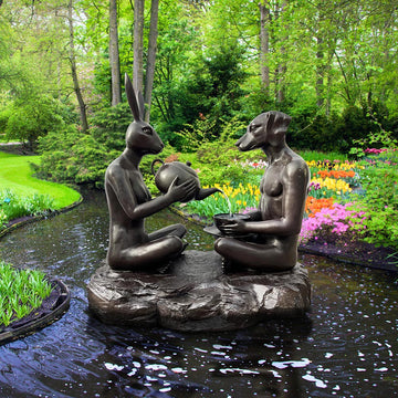 Tea Time with Rabbitwoman and Dogman (Bronze Sculpture, Mid-Size)