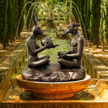 Tea Time with Rabbitwoman and Dogman (Bronze Sculpture, Mid-Size)