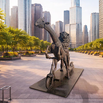The Masai Giraffe and Lion Race on the Scooter (Bronze Sculpture)