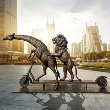 The Masai Giraffe and Lion Race on the Scooter (Bronze Sculpture)