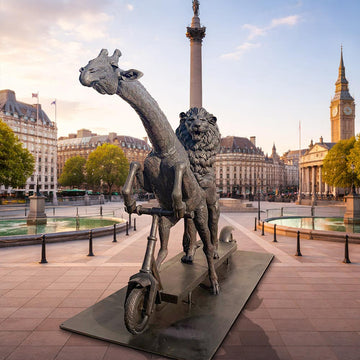 The Masai Giraffe and Lion Race on the Scooter (Bronze Sculpture)