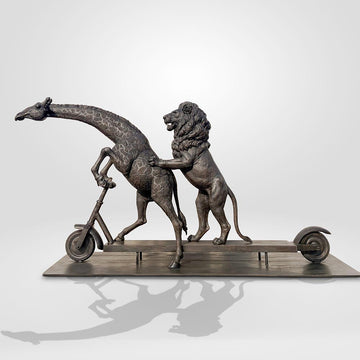 The Masai Giraffe and Lion Race on the Scooter (Bronze Sculpture)