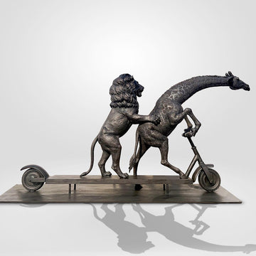 The Masai Giraffe and Lion Race on the Scooter (Bronze Sculpture)