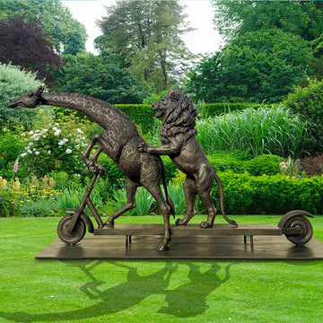 The Masai Giraffe and Lion Race on the Scooter (Bronze Sculpture)
