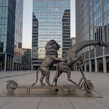 The Masai Giraffe and Lion Race on the Scooter (Bronze Sculpture)