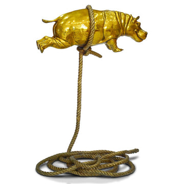 Flying Golden Hippo on Short Rope (Bronze Sculpture)