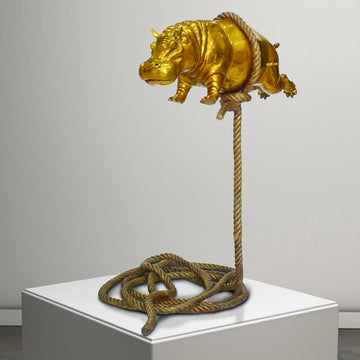 Flying Golden Hippo on Short Rope (Bronze Sculpture)