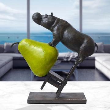Hippo on a Chair with a Pear (Bronze Sculpture)
