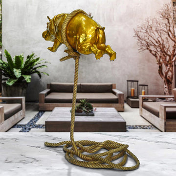 Flying Golden Hippo on Short Rope (Bronze Sculpture)