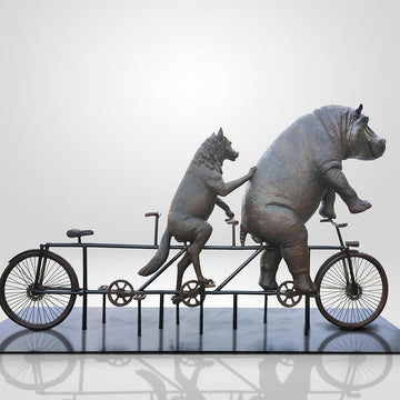 The Hippo and Red Wolf Race on the Bicycle (Bronze Sculpture)