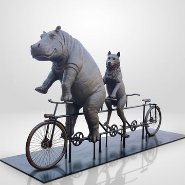 The Hippo and Red Wolf Race on the Bicycle (Bronze Sculpture)