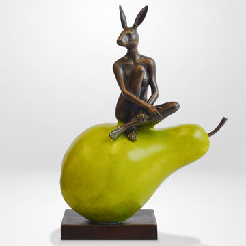 Rabbitwoman Loves Her Pear (Bronze Sculpture)