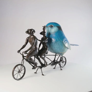 Rabbitwoman and Dogman are Bird Lovers on a Ride (Bronze Sculpture, Miniature Collection)