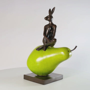 Rabbitwoman Loves Her Pear (Bronze Sculpture)