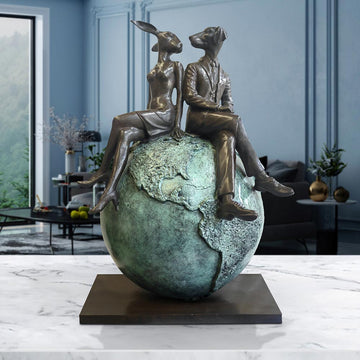Rabbitwoman and Dogman on Top of the World (Bronze Sculpture)