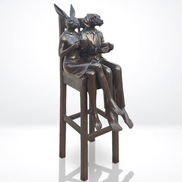Rabbitwoman and Dogman Above It All, Savoring a Morning Brew (Bronze Sculpture, Mid-Size)