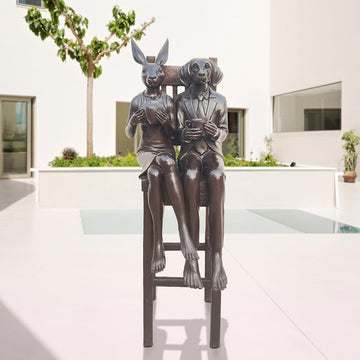 Rabbitwoman and Dogman Above It All, Savoring a Morning Brew (Bronze Sculpture, Mid-Size)