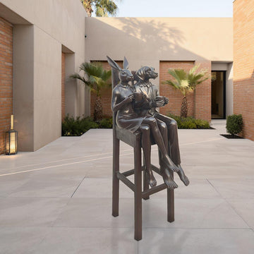 Rabbitwoman and Dogman Above It All, Savoring a Morning Brew (Bronze Sculpture, Mid-Size)