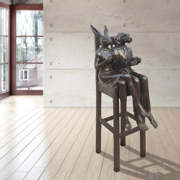 Rabbitwoman and Dogman Above It All, Savoring a Morning Brew (Bronze Sculpture, Mid-Size)