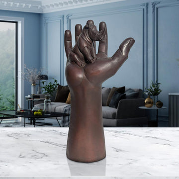 A Rhino up High in a Hand (Bronze Sculpture)