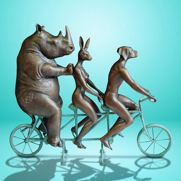 They Loved Riding Together With the Northern White Rhino (Bronze Sculpture, Miniature Collection)