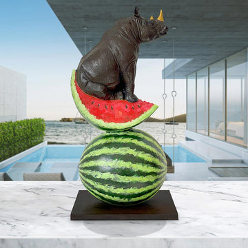 Golden Rhino Loves Watermelons (Bronze Sculpture)