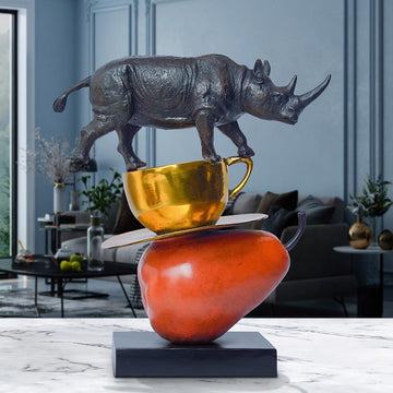 The Rhino Just Wanted a Pear and Cappuccino (Bronze Sculpture)