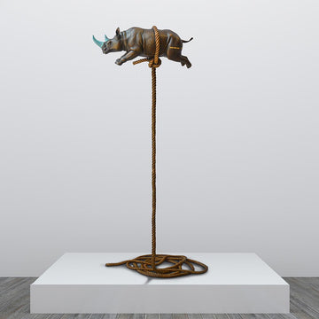 Flying Rhino on Long Rope with a Teal Horn (Bronze Sculpture)