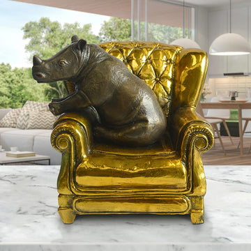 Rhino Me Time on a Chair (Bronze Sculpture, Miniature Collection)