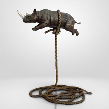 Flying Rhino on Short Rope with a Silver Horn (Bronze Sculpture)