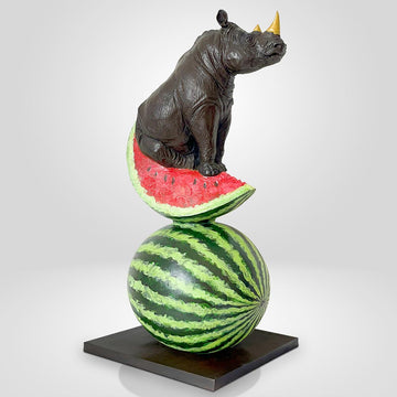 Golden Rhino Loves Watermelons (Bronze Sculpture)