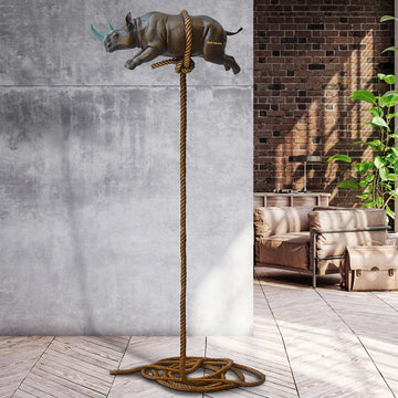 Flying Rhino on Long Rope with a Teal Horn (Bronze Sculpture)