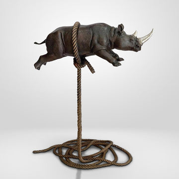 Flying Rhino on Short Rope with a Silver Horn (Bronze Sculpture)
