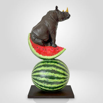Golden Rhino Loves Watermelons (Bronze Sculpture)