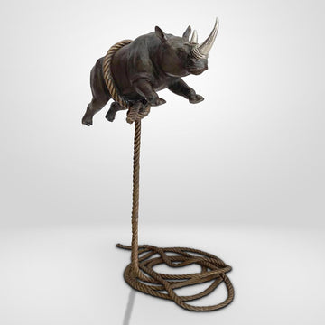 Flying Rhino on Short Rope with a Silver Horn (Bronze Sculpture)