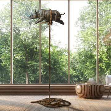 Flying Rhino on Long Rope with a Teal Horn (Bronze Sculpture)