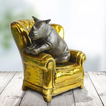 Rhino Me Time on a Chair (Bronze Sculpture, Miniature Collection)