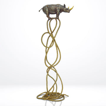 Golden Rhino Suspended on Rope and Feeling Very Safe (Bronze Sculpture)