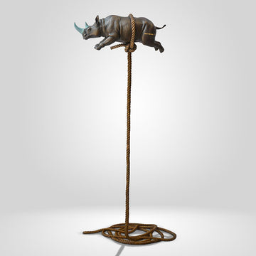 Flying Rhino on Long Rope with a Teal Horn (Bronze Sculpture)