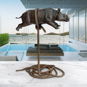 Flying Rhino on Short Rope with a Silver Horn (Bronze Sculpture)
