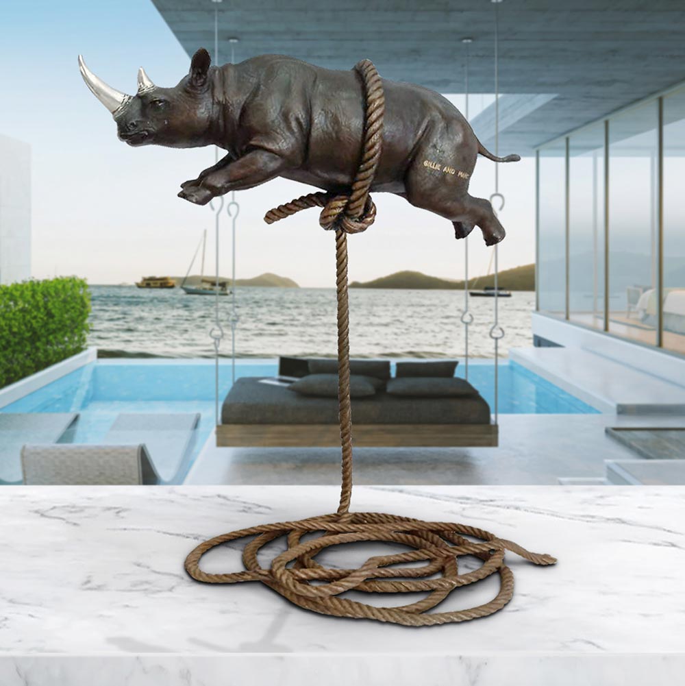 Flying Rhino on Short Rope with a Silver Horn (Bronze Sculpture