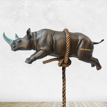 Flying Rhino on Long Rope with a Teal Horn (Bronze Sculpture)