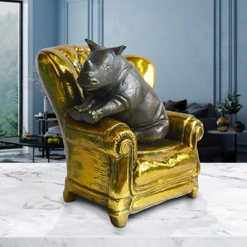 Rhino Me Time on a Chair (Bronze Sculpture, Miniature Collection)