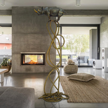 Golden Rhino Suspended on Rope and Feeling Very Safe (Bronze Sculpture)