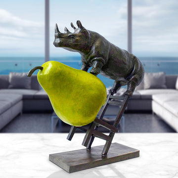 Rhino on a Chair with a Pear (Bronze Sculpture)