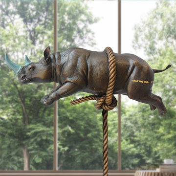 Flying Rhino on Long Rope with a Teal Horn (Bronze Sculpture)